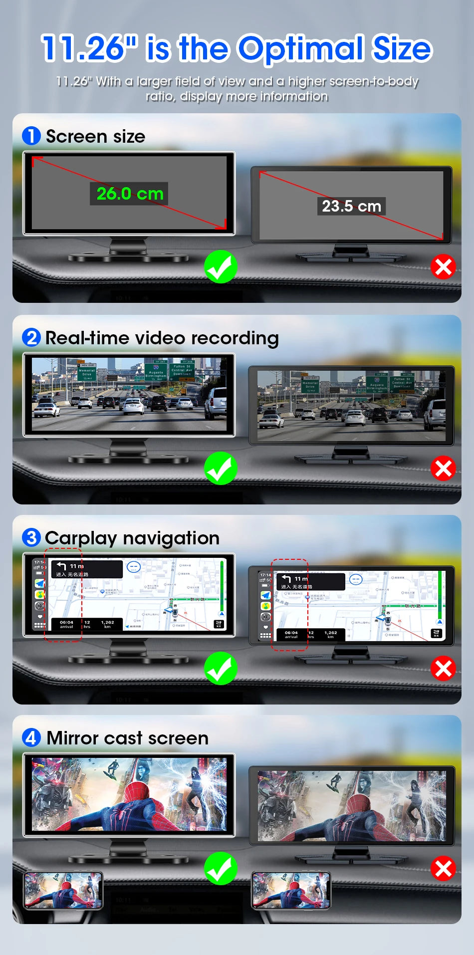 10/11,26 Zoll Dash Cam: 4K Carplay